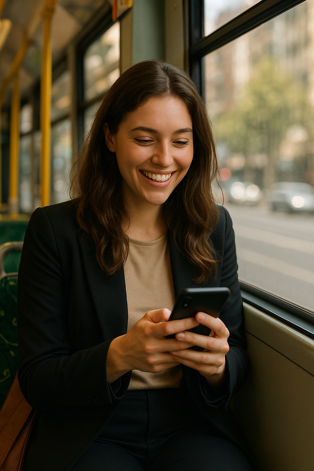 sarah-discovers-dream-house-sit-melbourne-tram Young woman on a Melbourne tram smiling while scrolling on her phone, discovering her dream house sit