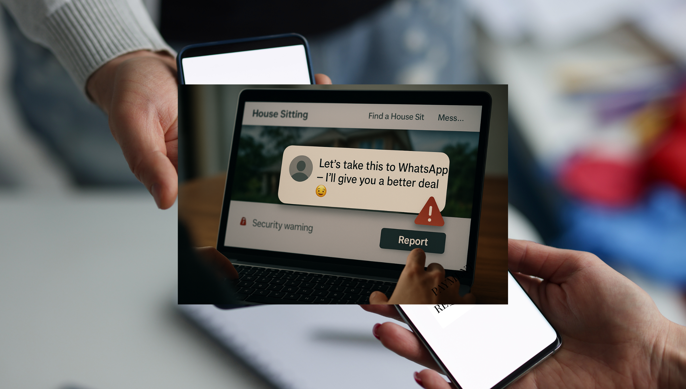 Laptop screen showing a suspicious message asking to switch to WhatsApp, with a red warning icon and a user's finger hovering over the Report button