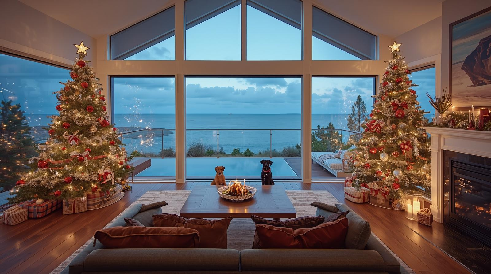 Oceanfront Home with Christmas Trees Beautiful oceanfront home decorated with two Christmas trees for the festive season