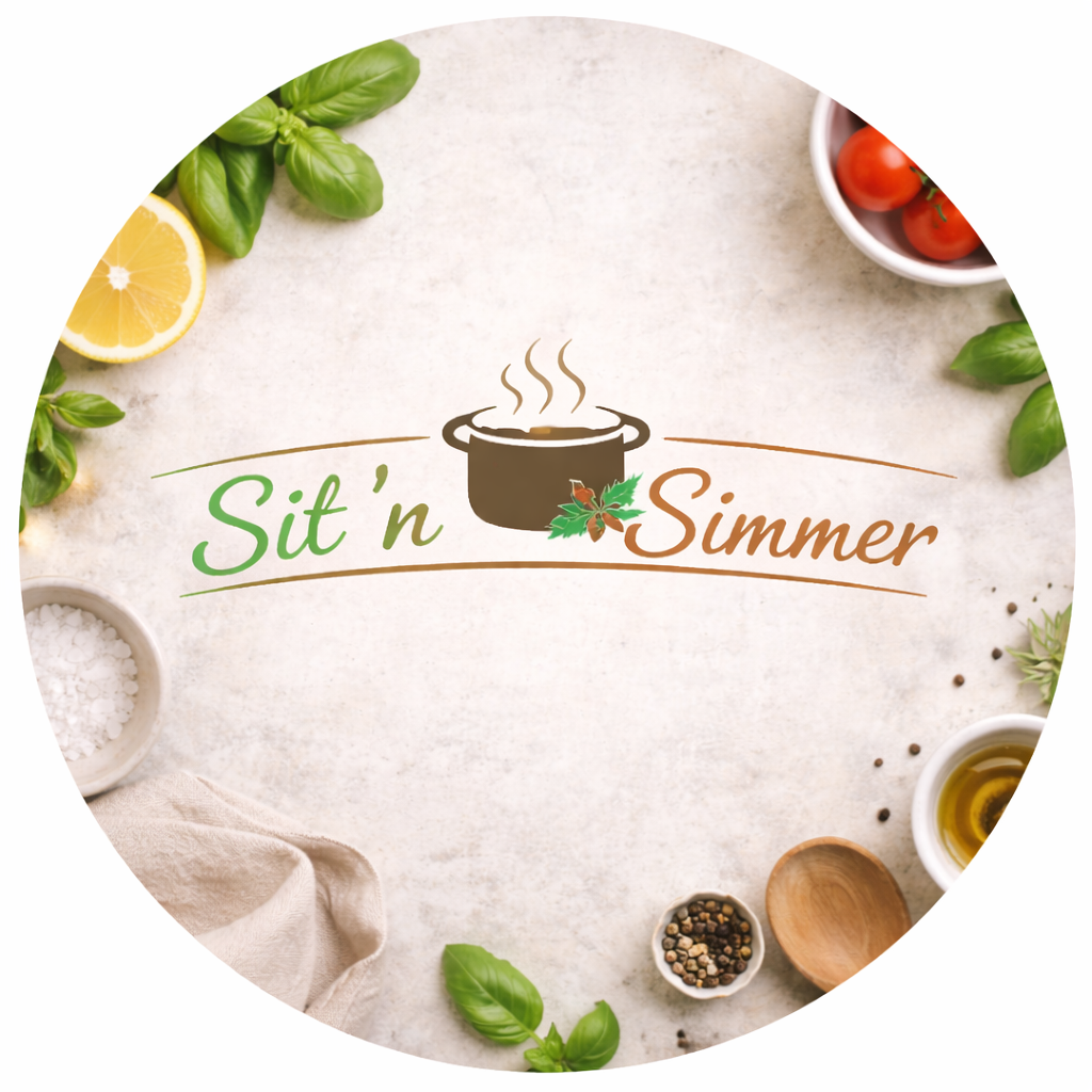 Sit ’n’ Simmer branded placeholder image with a cooking pot logo, styled with fresh ingredients on a neutral kitchen background