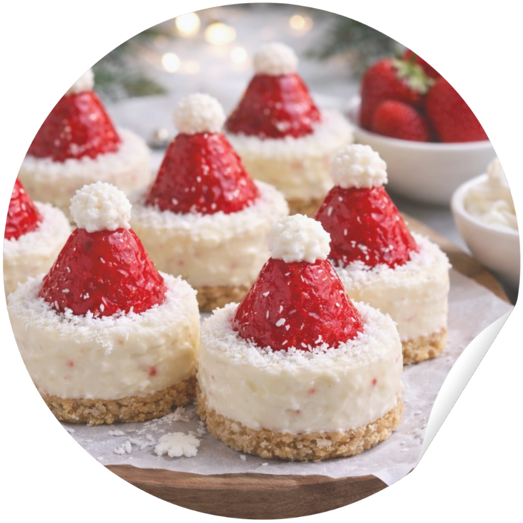 Festive Santa hat cheesecake bites topped with strawberries and cream, styled as a Christmas dessert.