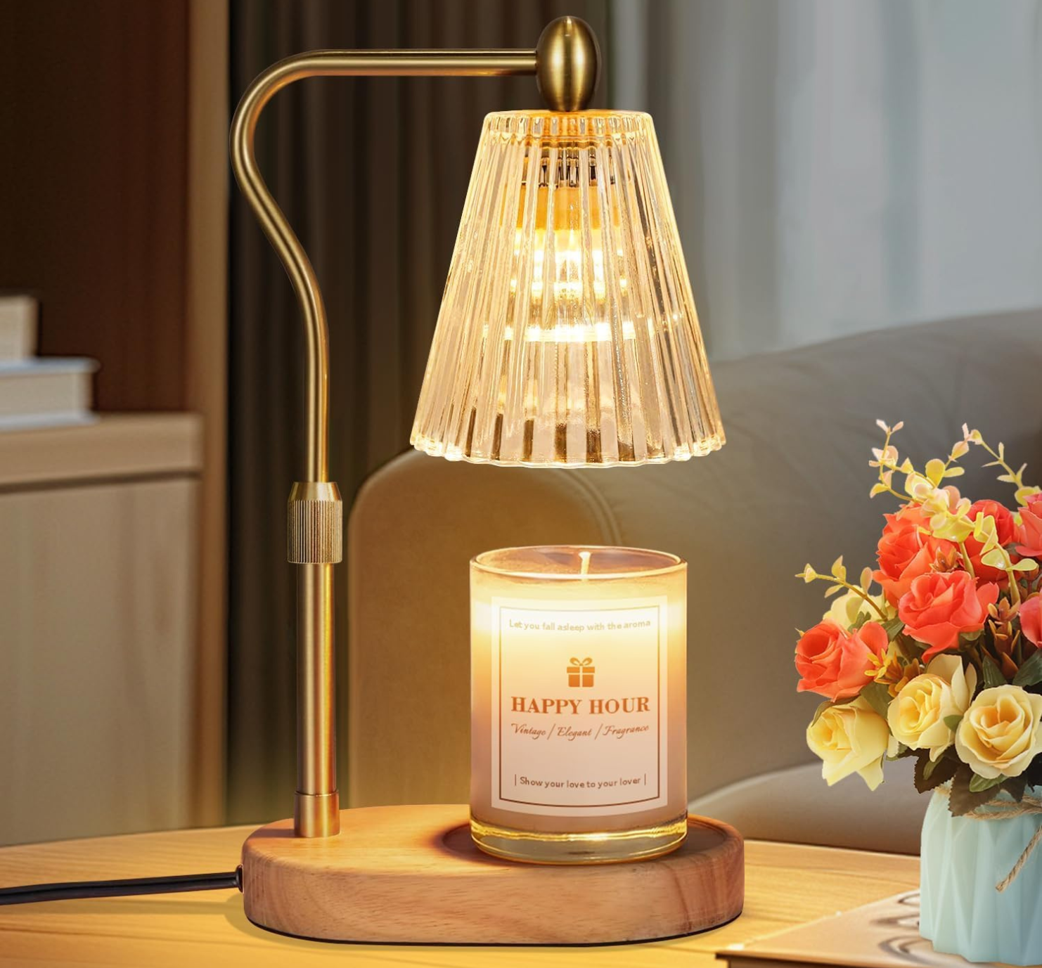 Candle warmer lamp with adjustable height, timer and dimmer, melting a scented jar candle for flameless home fragrance