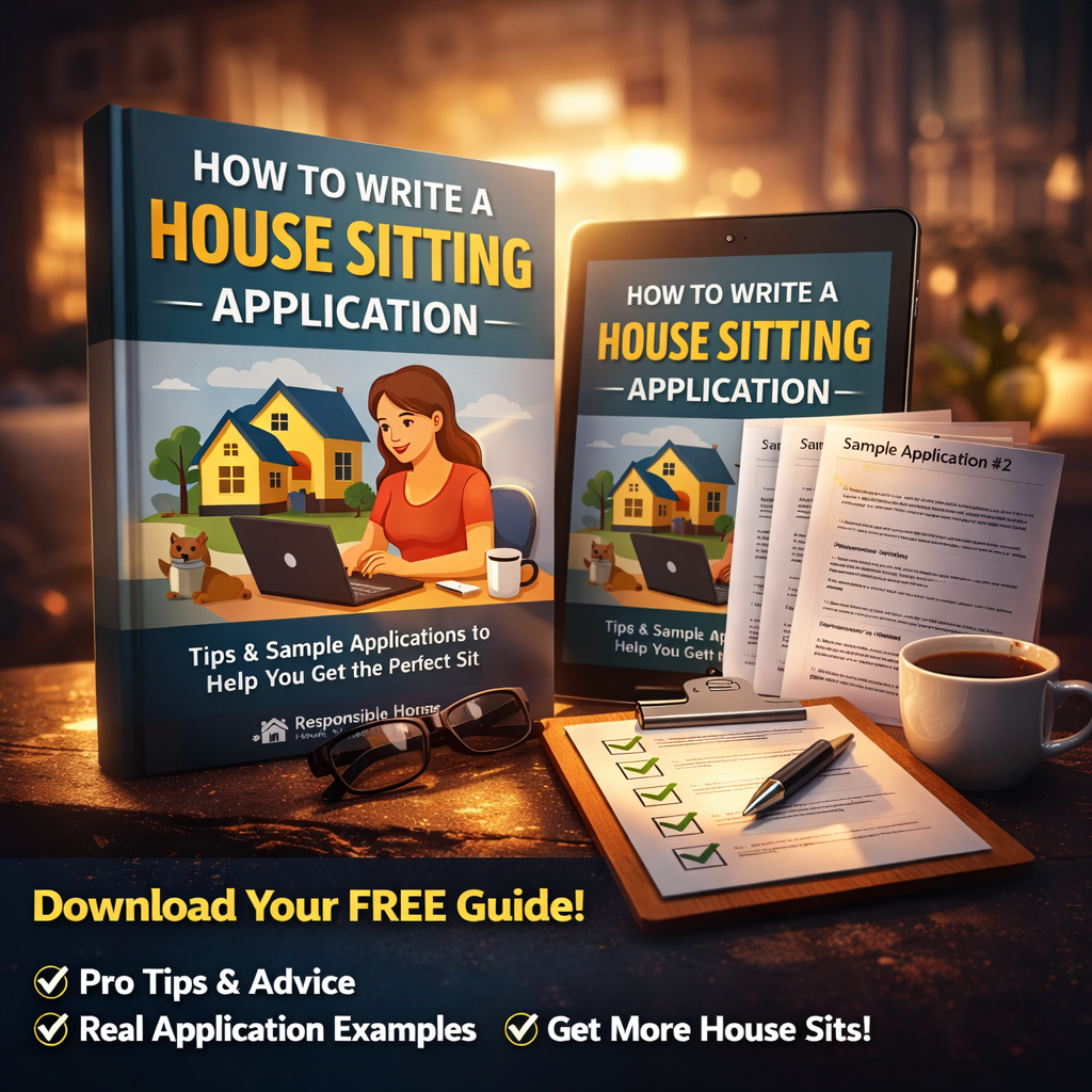 3D promotional image of the “How to Write a House Sitting Application” free guide by Responsible House Sitters, showing a book, tablet, sample applications, and checklist on a desk