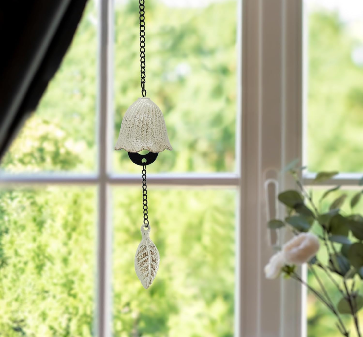 White Japanese leaf wind chime made from cast iron, hanging outdoor garden ornament for backyard and home decor