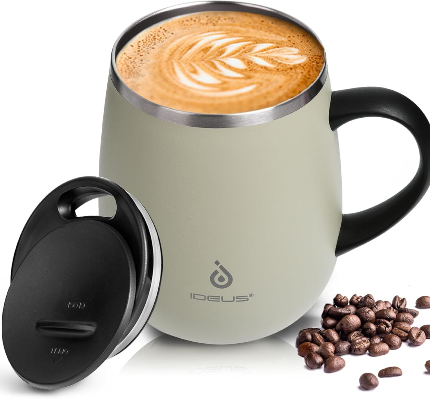 IDEUS 16 oz insulated stainless steel coffee mug with handle and lid in avocado green