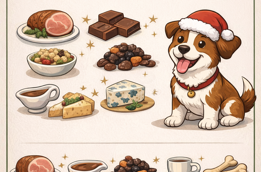 Festive foods dogs can’t eat at Christmas including chocolate, ham, raisins, alcohol and cooked bones